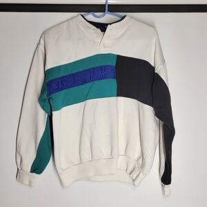 Retro White and Green Crewneck Sweater with Colorblock Design